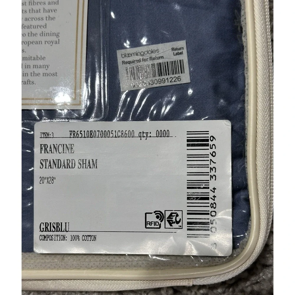 Frette Francine Standard Sham‎ Blue GrisBlu 20x28 Cotton New Italy